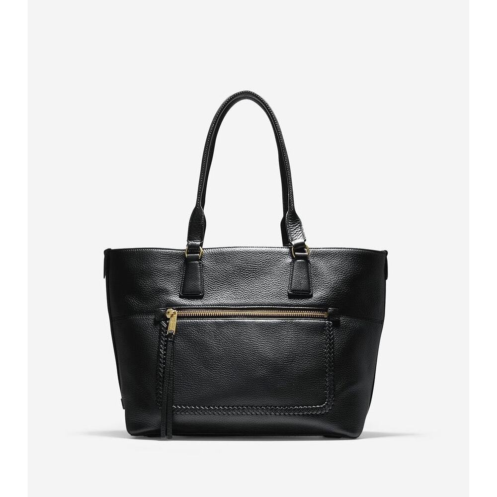 Cole Haan Celia Black Leather Zip Tote Braided Trim Gold HW